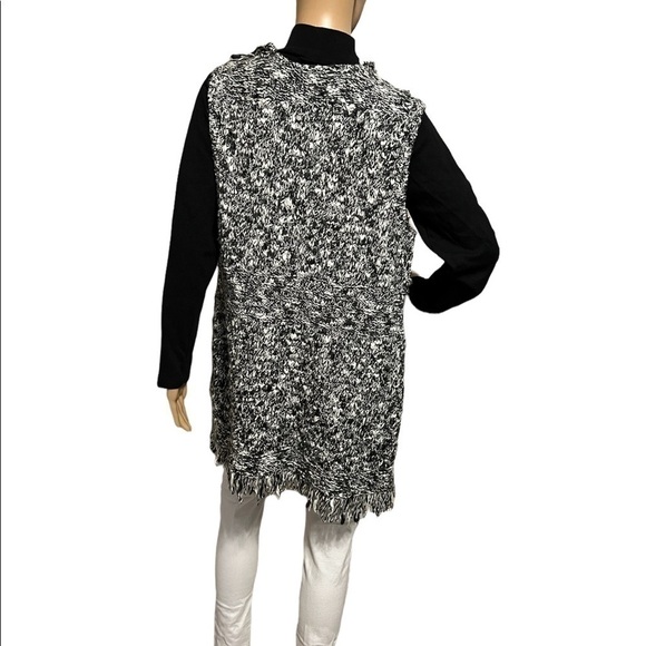 Chicos Black White Marled Fringe Vest Open Long Knit Sweater Cardigan Duster S - Picture 3 of 14